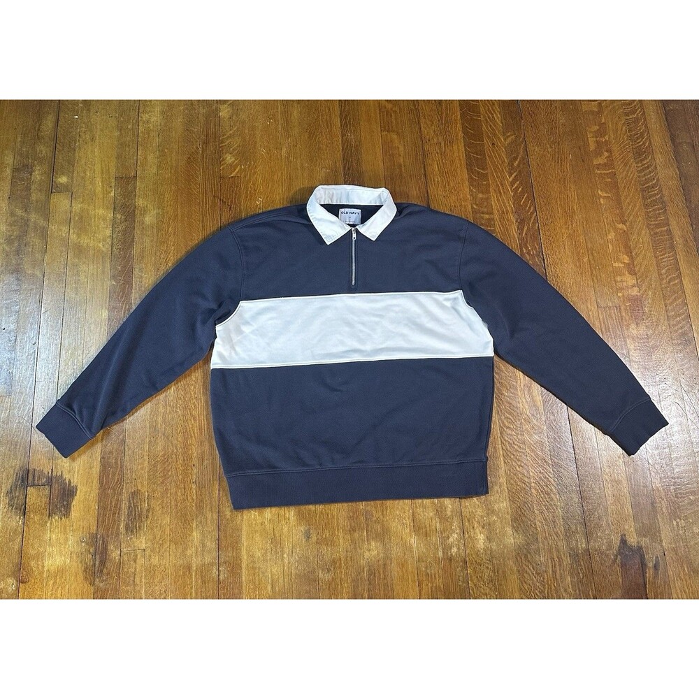 Old Navy Quarter Zip Sweatshirt Men’s XL Navy Blue Fleece Stripe Rugby Style